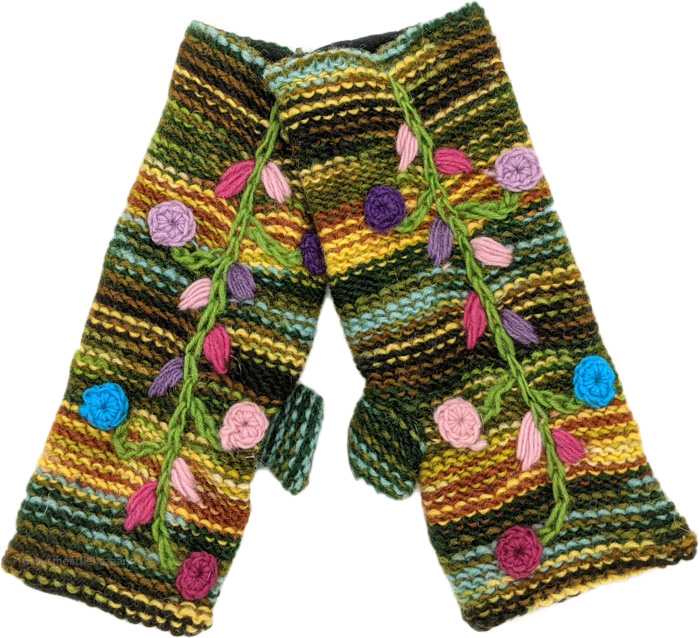 That 70`s Style Wool Hand Warmers with Floral Details